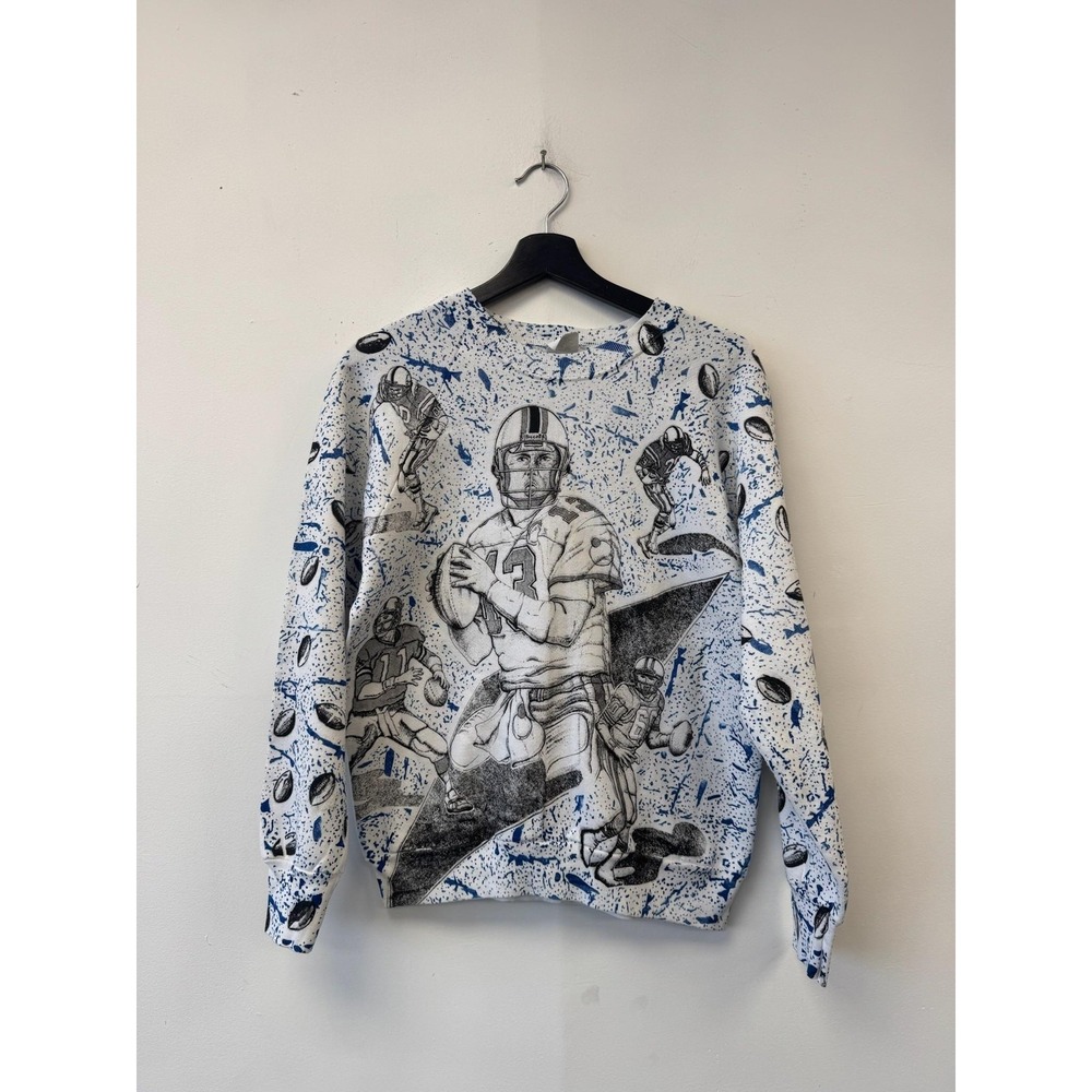 Vintage Football Sweatshirt Mens Small‎ White All Over Graphic Fleece USA 90s